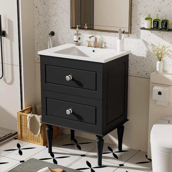 24in. Freestanding Single Sink Black Bath Vanity with White Ceramic Top