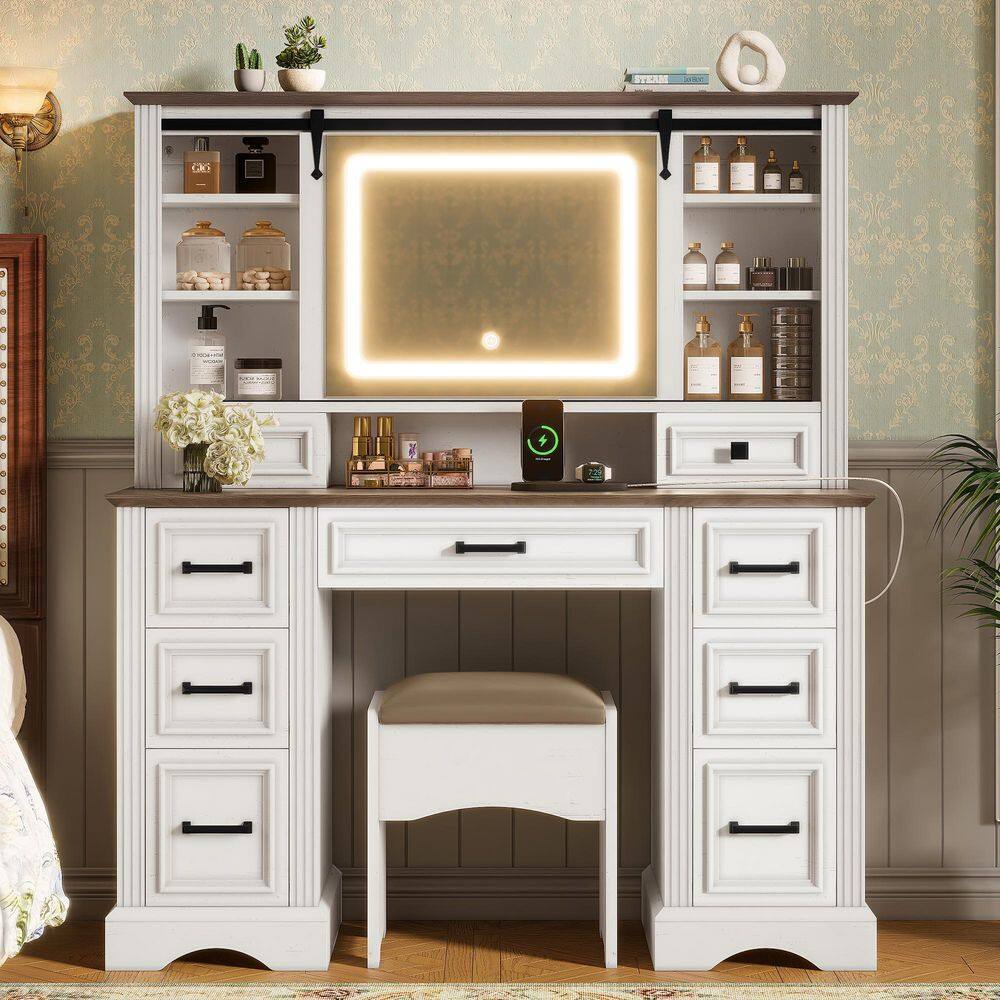 2-Piece White and Brown Makeup Vanity Set with Sliding Mirror, LED Lights, and Storage Stool