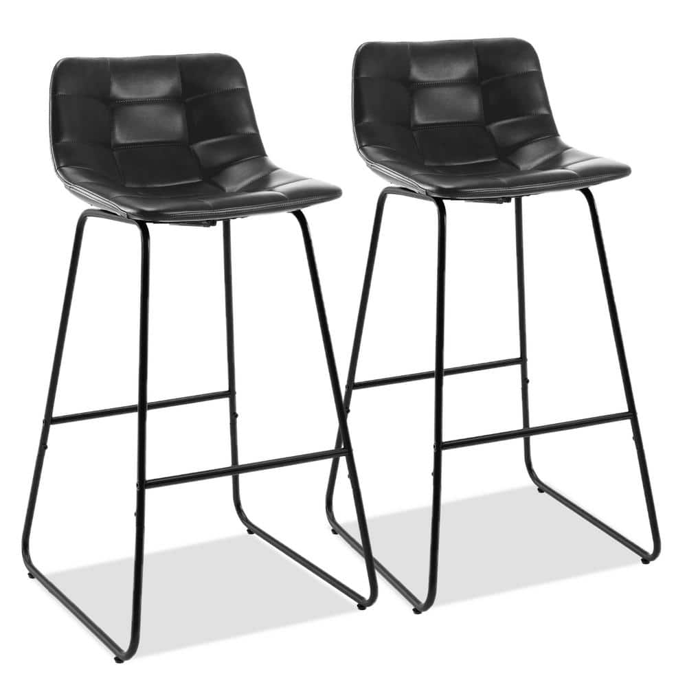 30 in. H Black Low Back Metal Frame Bar Stools with Faux Leather Seat (Set of 2) -  LUE BONA, 23BS0009-700