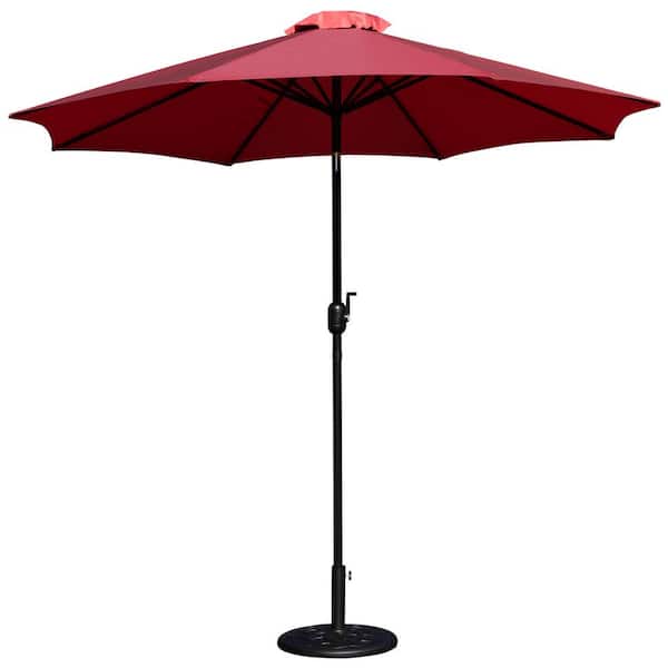Carnegy Avenue Bundled Set 9 ft. Round Market Umbrella and Universal Black Cement Waterproof Base in Red