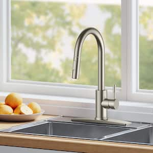 Single Handle Pull Down Sprayer Kitchen Faucet with Deckplate and Soap Dispenser in Brushed Nickel