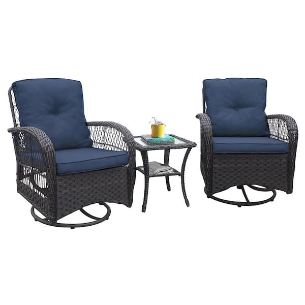 Runesay 3-Pieces Wicker Outdoor Rocking Chair Swivel Rocking Chair with Navy Blue Cushions, Glass Top Side Table