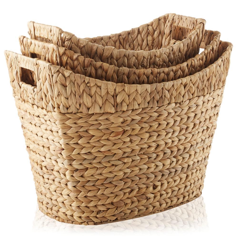 Set of 3 Natural Water Hyacinth Oval Storage Baskets with Handles