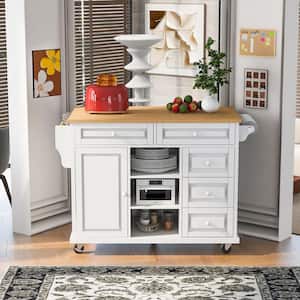 White Rubber Wood Desktop 52.8 in. W Kitchen Island on 5 Wheels with 5 Drawers and Adjustable Shelves