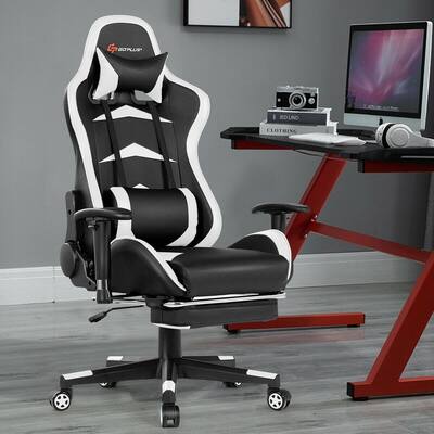 White and Black Computer Gaming Adjustable Lumbar Support Chair and Ergonomic Swivel Rolling Massage Chair with Headrest