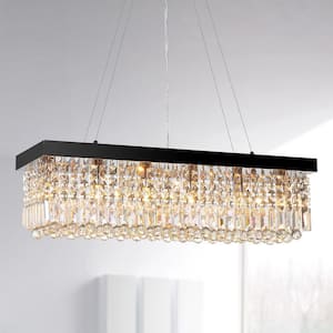 32 in. 6-Light Black Modern Chandelier Crystal Kitchen Island Dining Table Pendant Lighting