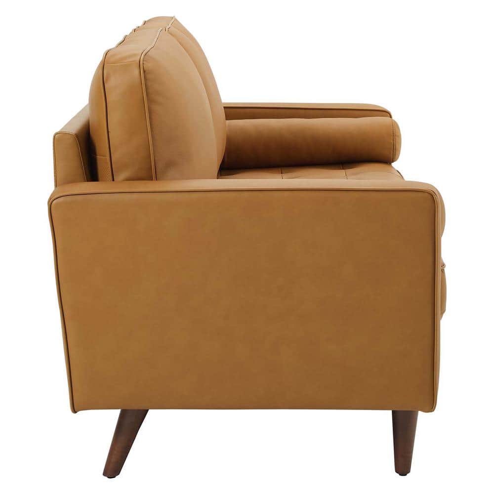 Mid-Century 73'' Tufted Brown Leather Sofa with Walnut Wood Legs