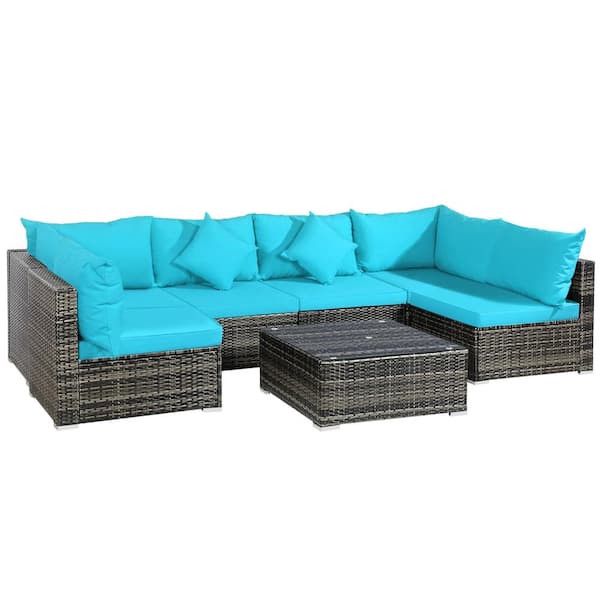 Gymax 7-Pieces PE Rattan Patio Sectional Sofa Conversation Set with Turquoise Cushions