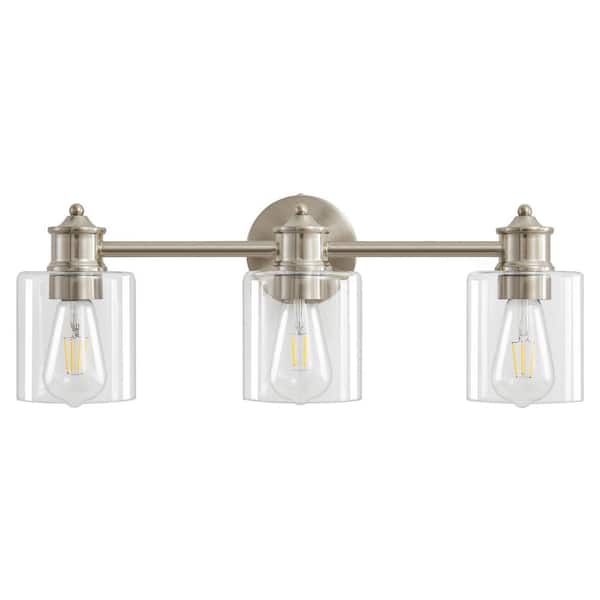 Modern 22.44 in. 3-Light Brushed Nickel Vanity Light with Clear Glass Shade Dimmable Bathroom Vanity Light