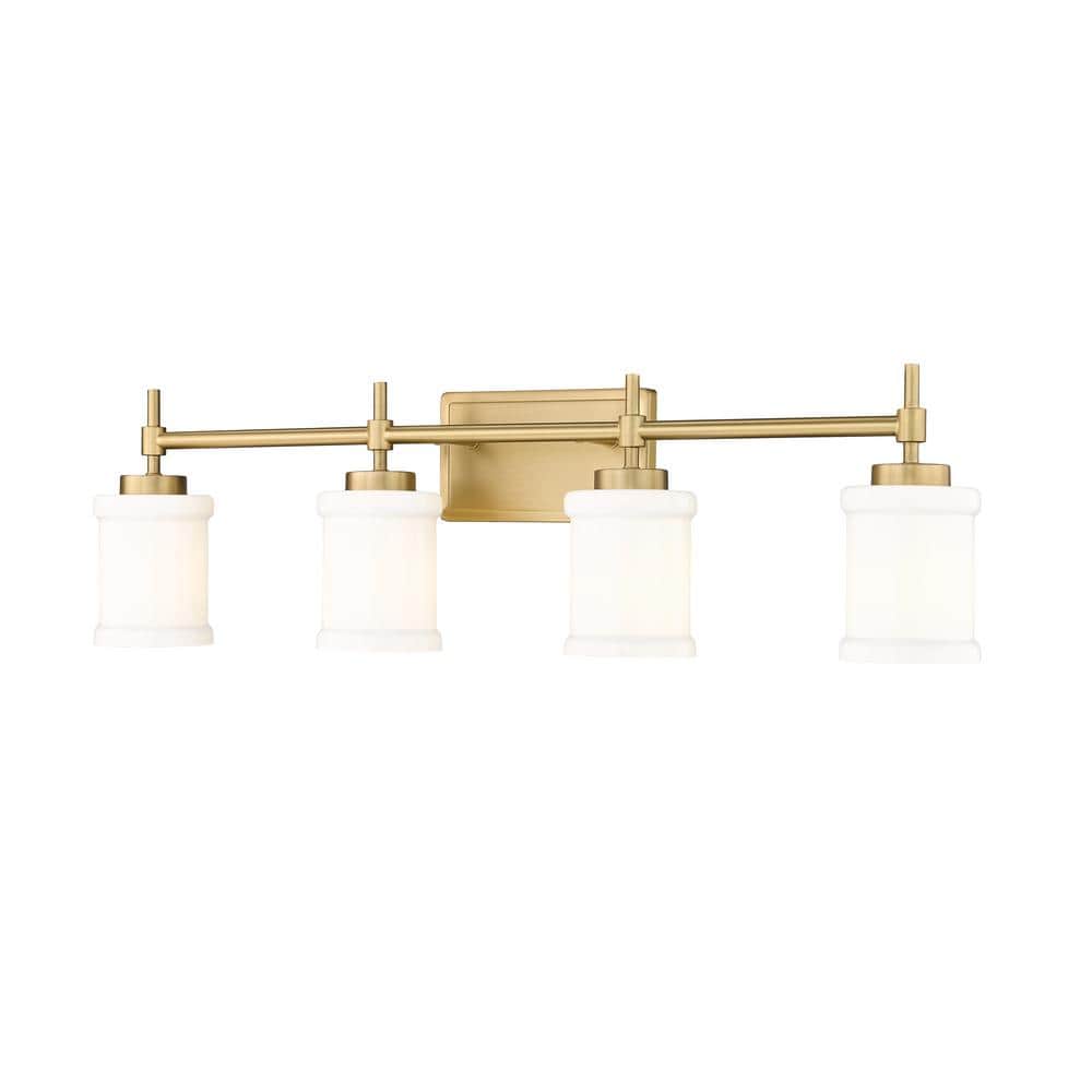 Cadoc 31.5 in. 4-Light Modern Gold Vanity-Light with Gloss Opal Glass Shade