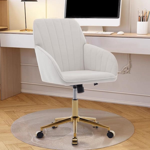 Unbranded Velvet Adjustable Height Ergonomic Swivel Chair in Beige with Arms