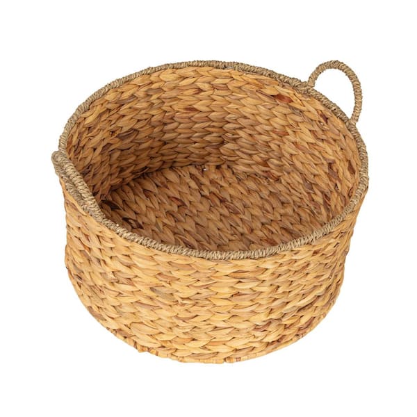 Natural Round Handwoven Water Hyacinth and Seagrass Decorative Basket with Handles