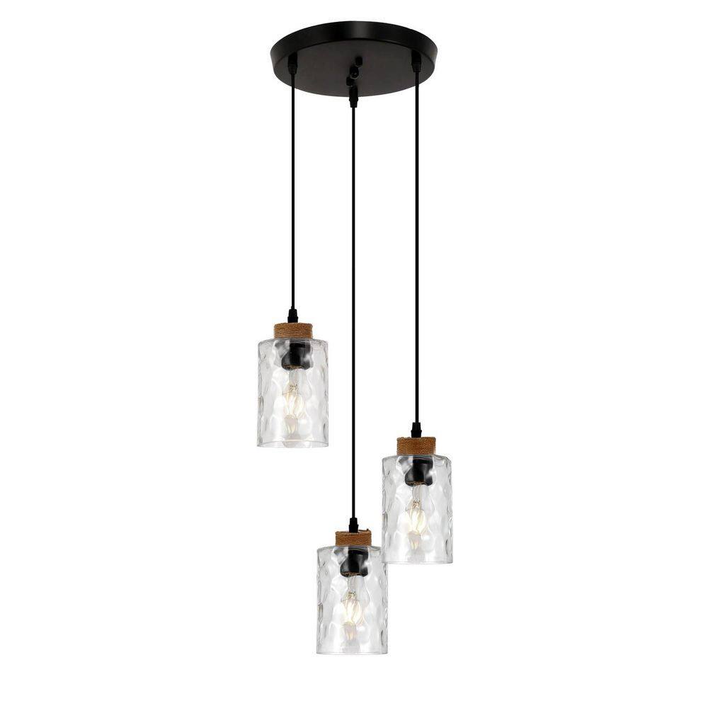 10 in. 3-Light Black Cluster Pendant Light for Kitchen Island Entryway Bedroom, Rope and Water Ripple Glass Fixture price history on PriceWatchPro