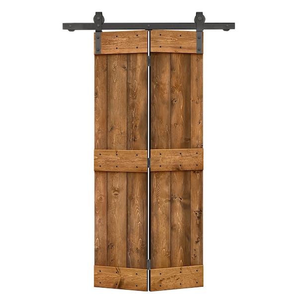 CALHOME 24 in. x 84 in. Mid-Bar Series Solid Core Walnut Stained DIY Wood Bi-Fold Barn Door with Sliding Hardware Kit
