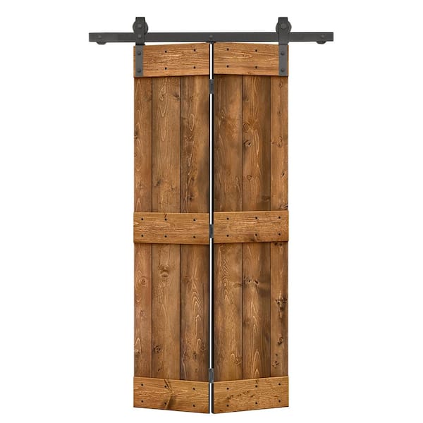 CALHOME 30 in. x 84 in. Mid-Bar Series Walnut Stained DIY Wood Bi-Fold Barn Door with Sliding Hardware Kit