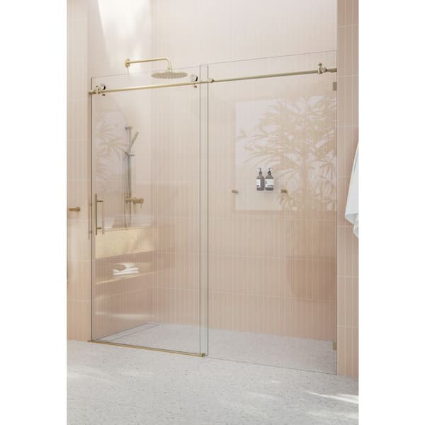 Eclipse 64 in. to 68 in. W x 78 in. H Frameless Sliding Shower Door in Brushed Bronze with Handle