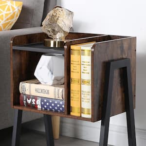 Modern End Side Table, Brown Industrial Sturdy Accent Desk, Stable Metal Frame and Shelves Nightstand, 18"x11.8"x23.6"