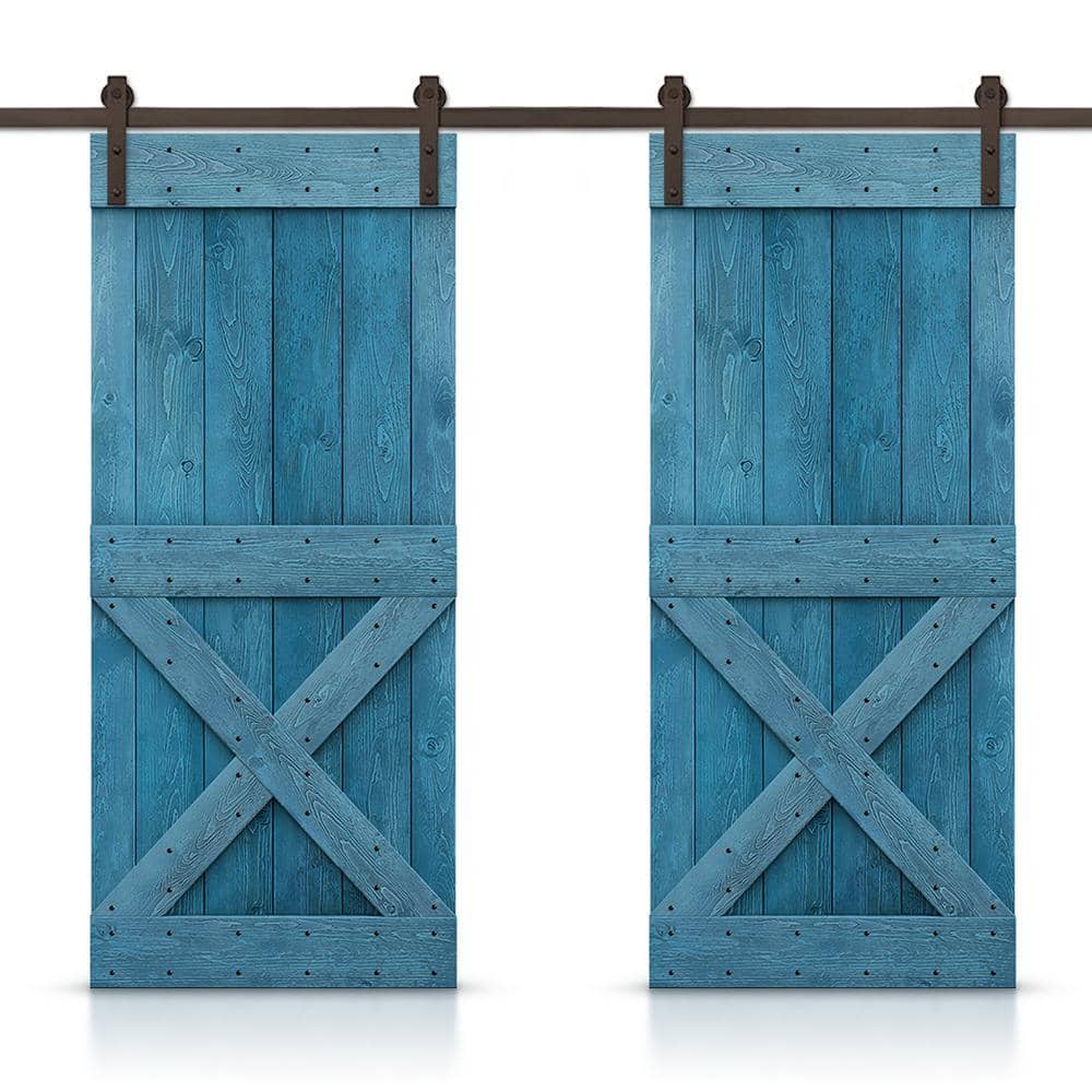 Mini X 88 in. x 84 in. Ocean Blue Stained DIY Solid Pine Wood Interior Double Sliding Barn Door with Hardware Kit price history on PriceWatchPro