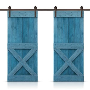 Mini X 88 in. x 84 in. Ocean Blue Stained DIY Solid Pine Wood Interior Double Sliding Barn Door with Hardware Kit
