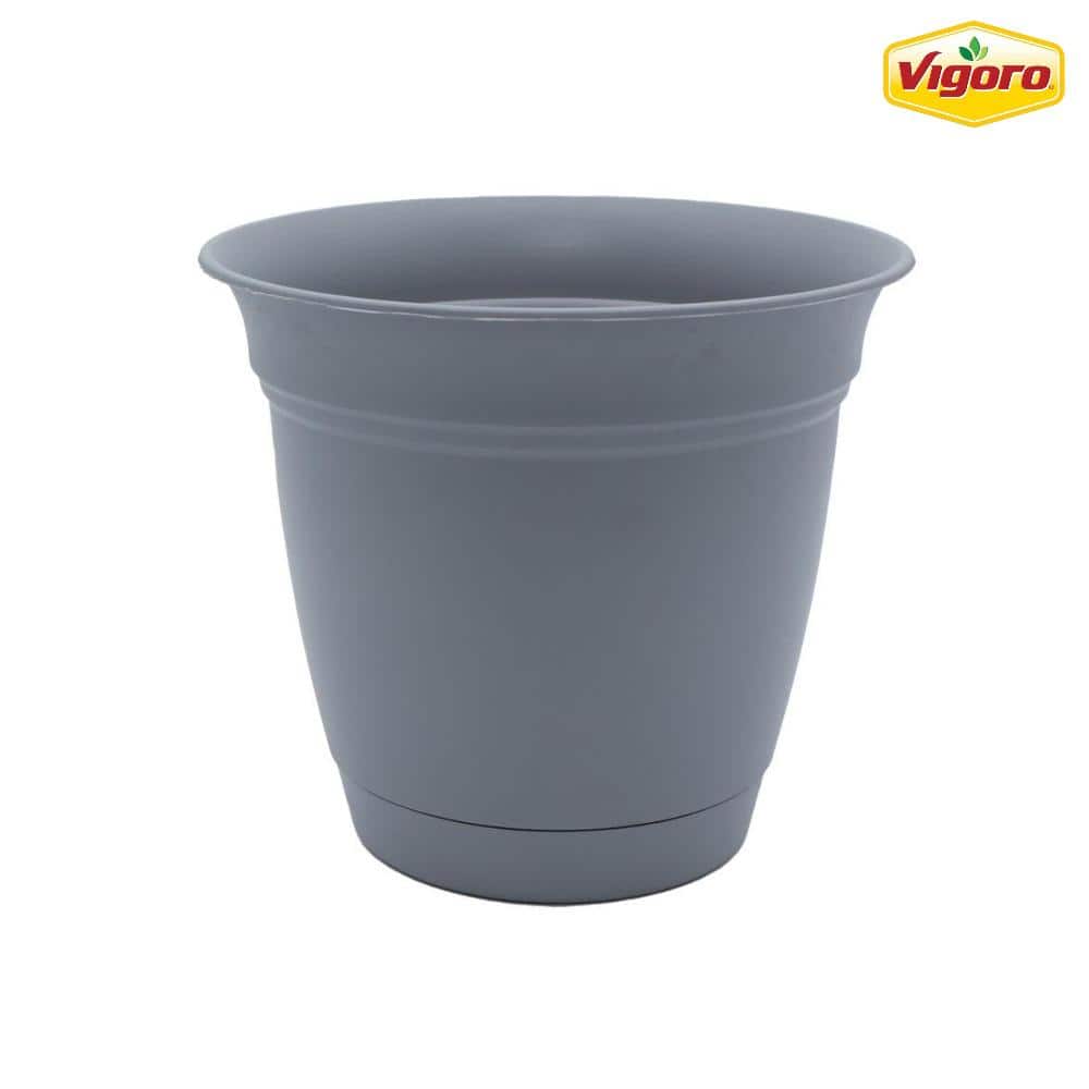 Vigoro 10 in. Mirabelle Medium Stormy Gray Plastic Planter (10.1 in. D x  8.8 in. H) with Drainage Hole and Attached Saucer ECA10000A53 - The Home  Depot