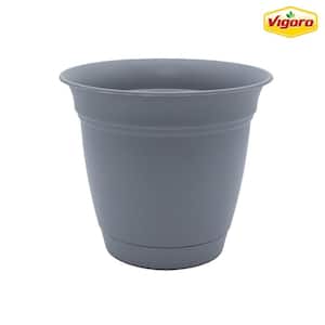 10 in. Mirabelle Medium Stormy Gray Plastic Planter (10.1 in. D x 8.8 in. H) with Drainage Hole and Attached Saucer