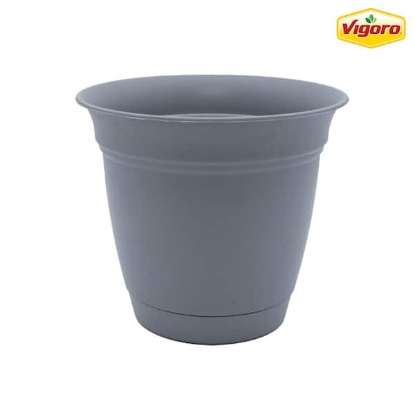 Vigoro 10 in. Mirabelle Medium Stormy Gray Plastic Planter (10.1 in. D x 8.8 in. H) with Drainage Hole and Attached Saucer