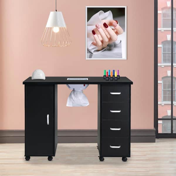 Winado 43 in. Black MDF Manicure Nail Table Station 4-Drawers 1-Door with Fan Beauty Spa Desk Salon Equipment