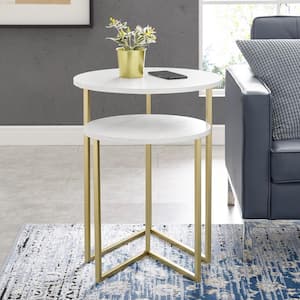 White Faux Marble/Gold 2-Piece Round Nesting End Tables