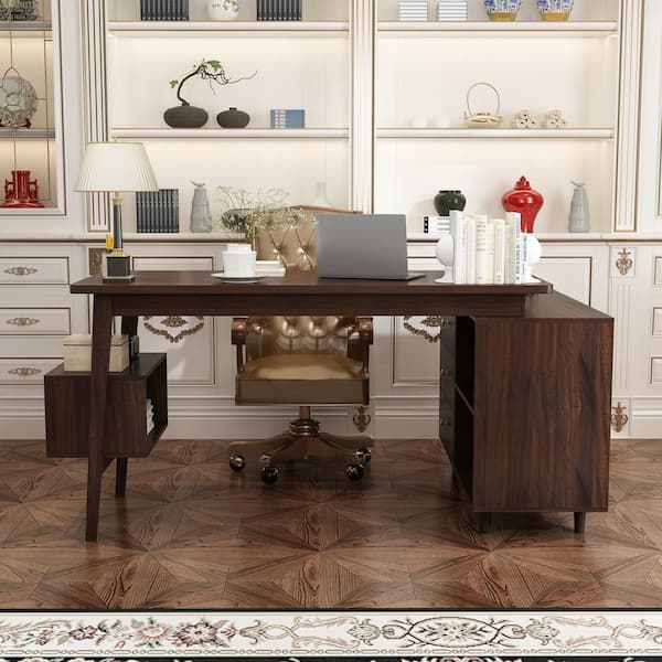 Computer Desk with Drawers, Wood Home Office Writing Desk with Storage  Shelf for Home Office, Rustic Brown