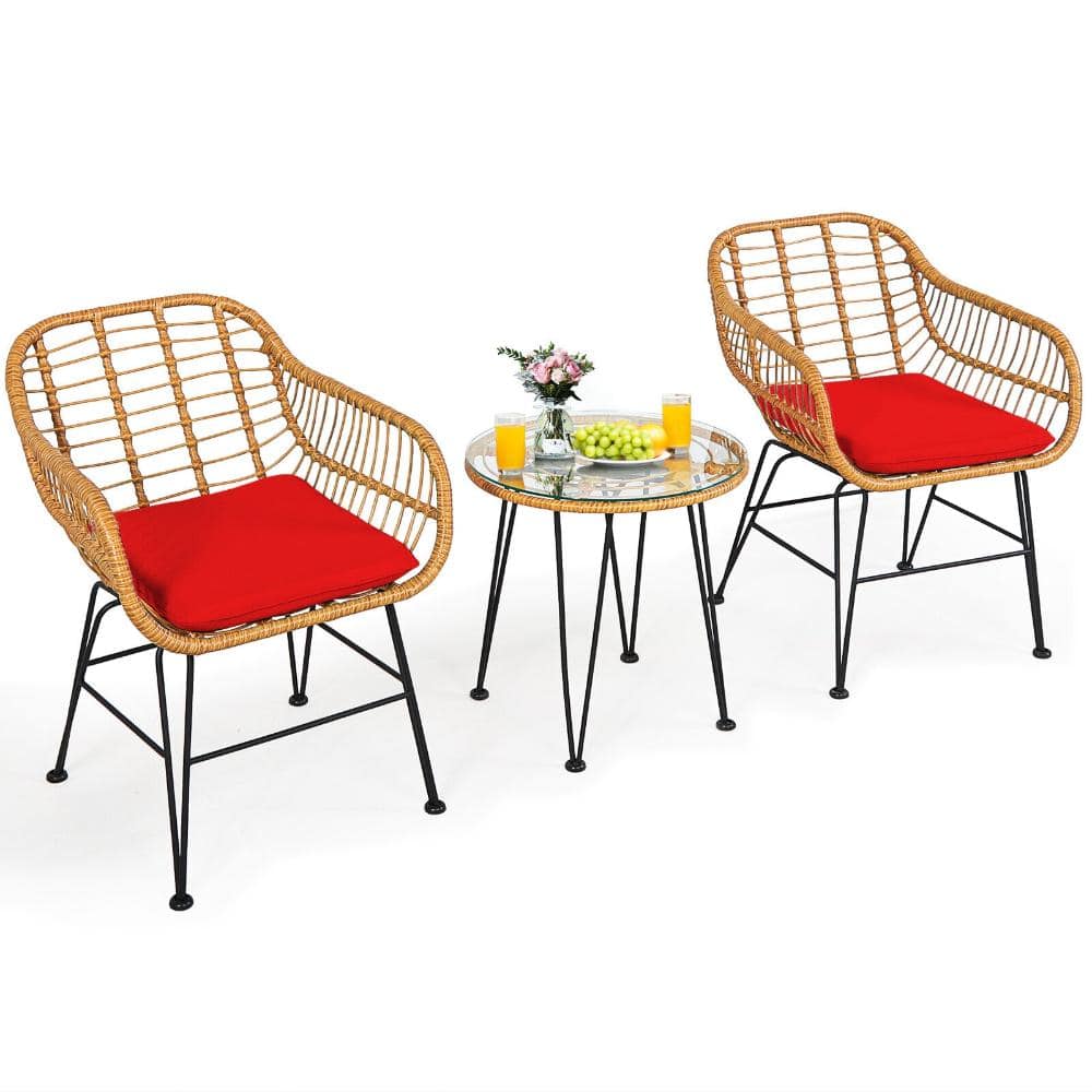 3-Piece Wicker Patio Conversation Set with Red Cushions, 2 Armchairs and Round Glass Side Table price history on PriceWatchPro