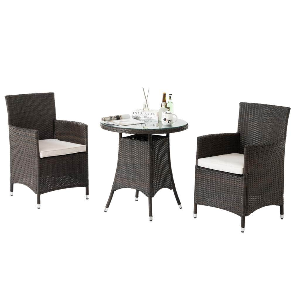 3-Piece Brown All-Weather Wicker Outdoor Dining Set with Beige Cushions, Round Tempered Glass Tabletop -  Tenleaf, FCBF13-218