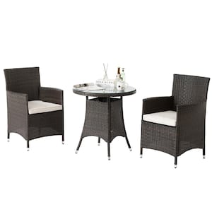 3-Piece Brown All-Weather Wicker Outdoor Dining Set with Beige Cushions, Round Tempered Glass Tabletop