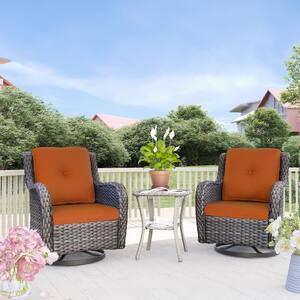 3-Piece Wicker Patio Conversation Set with Orange Cushions All-Weather Swivel Rocking Chairs