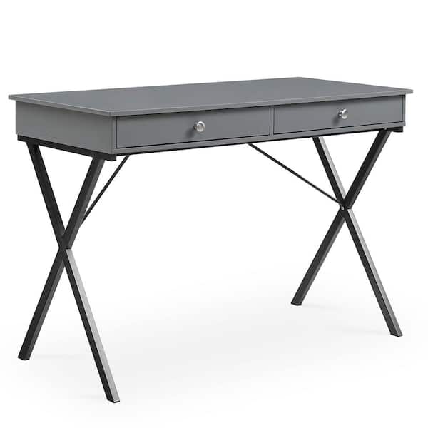 aisword 42 in. Frost Grey MDF Table Top 2-Drawers Writing Desk with Black Stoving Varnsih Steel Frame