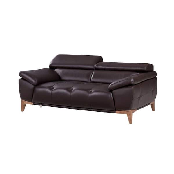 Benjara 71 in. Brown Solid Leather 2-Seater Loveseat with Sloped Cushioned Arms and Wooden Legs