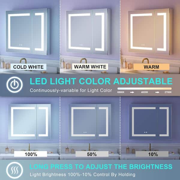 36 in. W x 30 in. H Rectangular Aluminum LED Recessed or Surface Mount Medicine Cabinet with Mirror,Adjustable Shelves