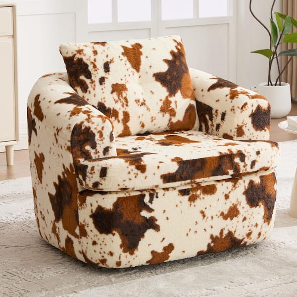 Connie Modern Beige and Brown Upholstered Faux Fur Accent Barrel Chair, Swivel Arm Chair with Tufted Back Pillow