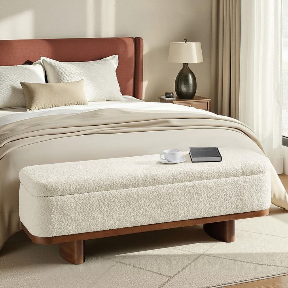Clara 57 in. Ivory Modern Flip Top Storage Bench with Solid Wood Frame