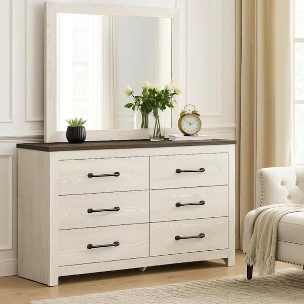 Hara 2-Piese Dark Gray and White 6 Drawers 58.98 in. Dresser with Mirror Set