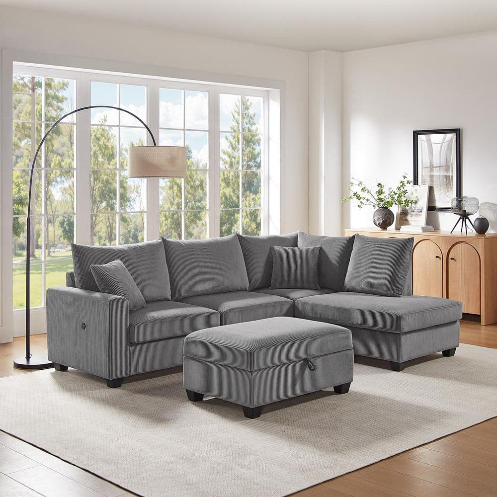 Ellen 107 in Corduroy Fabric L-Shaped Sectional Sofa in. Dark Gray with Charging Port, Storage Ottoman, Pillows price history on PriceWatchPro