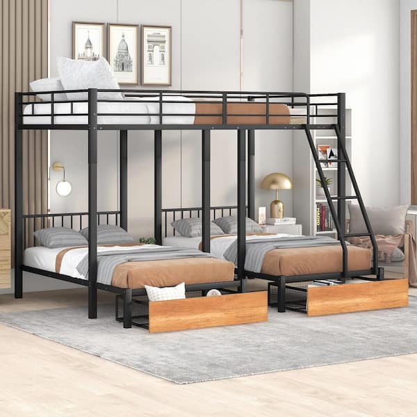 Polibi Black Full Over Twin and Twin Bunk Bed, Metal Triple Bunk Bed with Drawers and Guardrails
