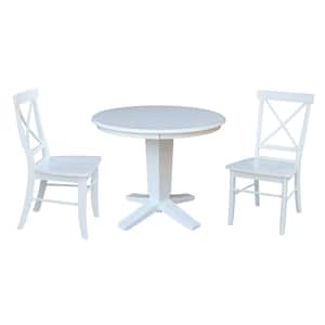 Aria White Solid Wood 36 in. Round Top Pedestal Dining Table Set with 2 X-Back Chairs, Seats 2