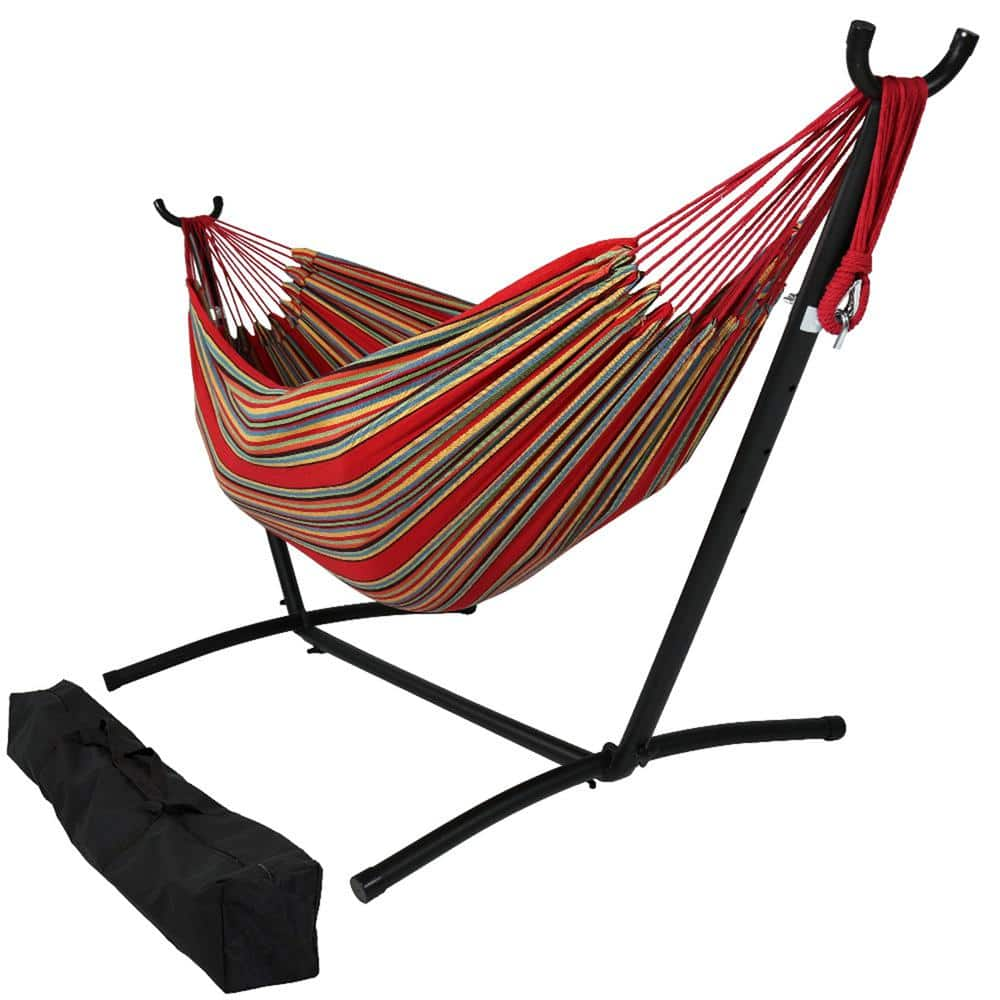 Sunnydaze 10.5 ft. Fabric Cotton Double Brazilian Hammock with Stand Combo in Sunset DB Combo Sunset The Home Depot