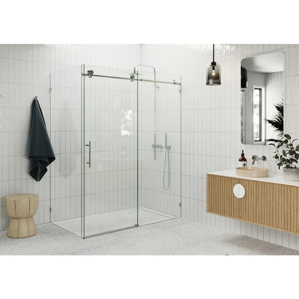 Glass Warehouse Nova 56 in. W x 78 in. H Rectangular Sliding Frameless Corner Shower Enclosure in Chrome with Clear Glass