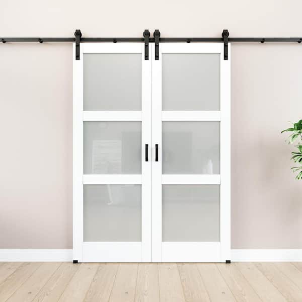 60 in. x 84 in. 3-Lite Frosted Glass White Primed MDF Double Assembly Required Sliding Barn Door with Hardware Kit
