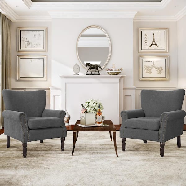 OrangeOne Anaya Gray Fabric Upholstered Wingback Accent Chair Rolled Arm Nailhead Living Room Chair Set of 2