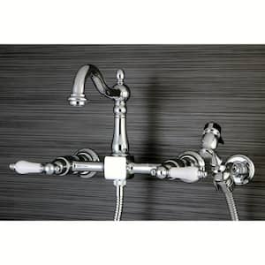 Victorian 2-Handle Wall-Mount Side Sprayer Standard Kitchen Faucet with Porcelain Lever Handles in Polished Chrome