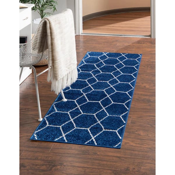 Trellis Frieze Navy/Ivory 2 ft. x 13 ft. Geometric Runner Rug