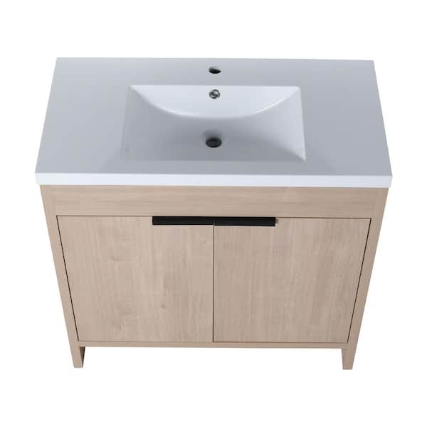 Unbranded Quality Durable 36 in. W x 18 in. D x 34 in. H Freestanding Bath Vanity in Plain Light Oak with White Resin Sink Top