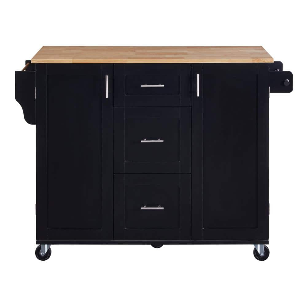 Cesicia Black Rubber Wood Top 50 in. Kitchen Island on 5-Wheels with 3 ...